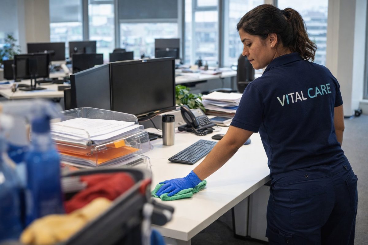 Vital Care medewerker maakt kantoorwerkplek schoon