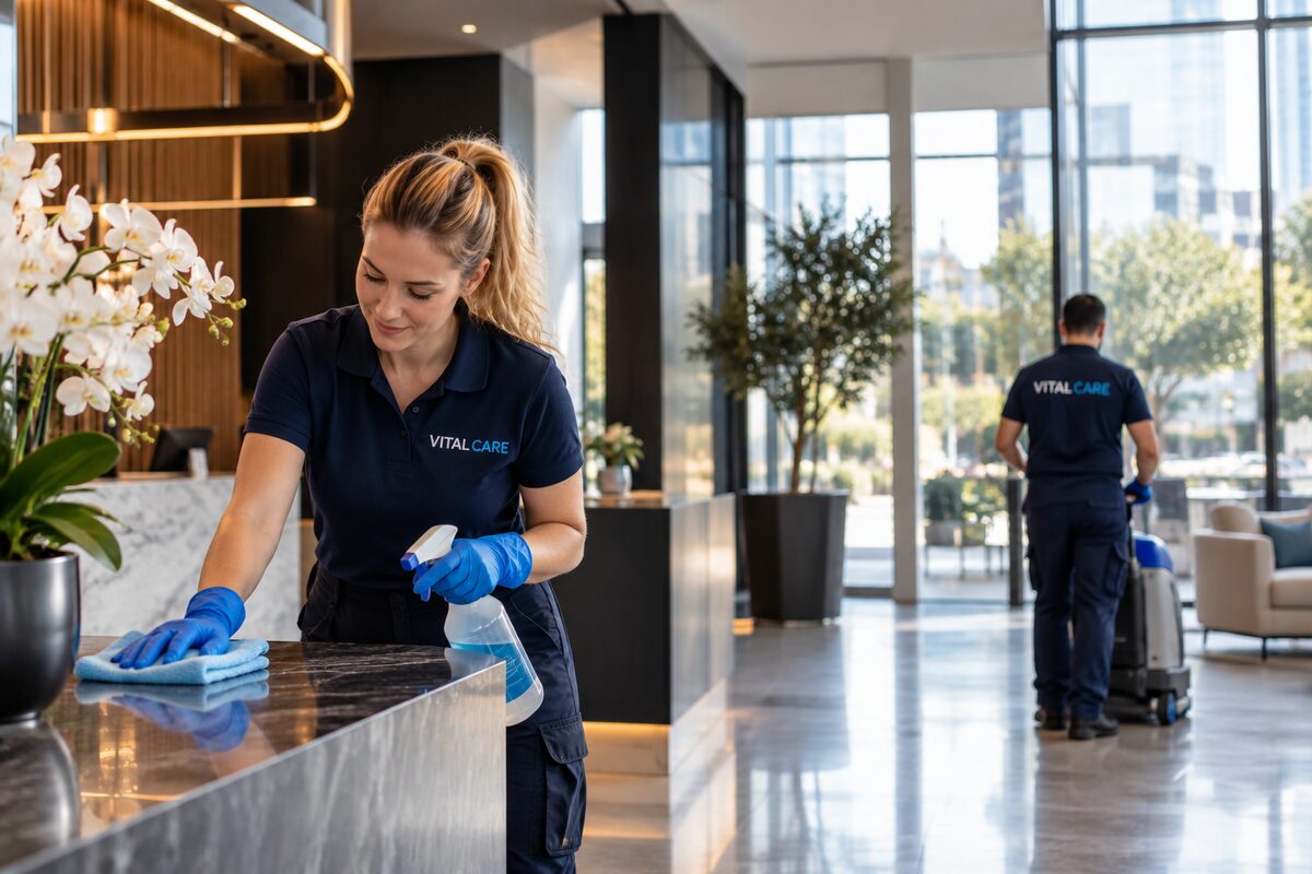 Medewerkers van Vital Care maken de receptie van een kantoorlobby schoon